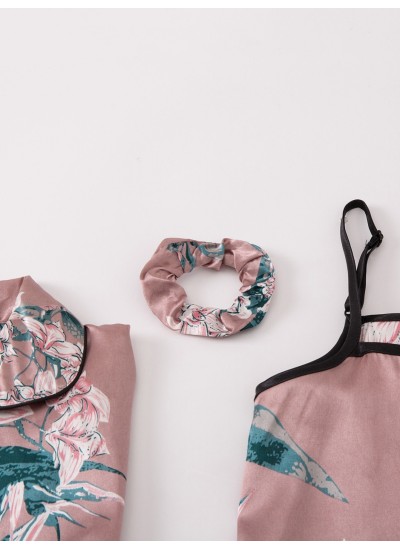 7 Pack Women's Pink Silk Satin Floral Print Pajama Set With Eye Covering &Bandana Bag Set 