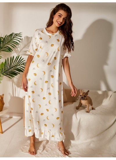 Women's Sleepwear Planet &Moon Print Short Sleeve Ruffle Hem Long Line Sleep Dress 