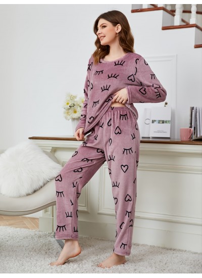 Warm & Thermal  Eyelash Pattern Fleece Loungewear Set 