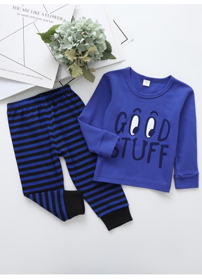Baby Boys' Blue Good Stuff Printed Long Sleeve Top &Striped Pants Pajama Set 