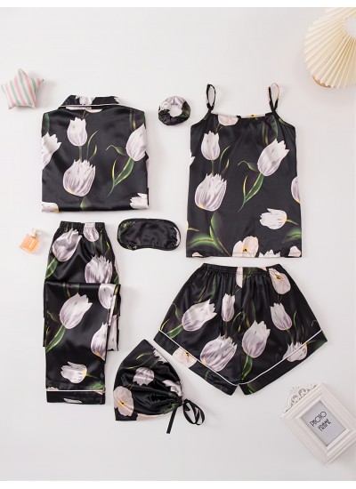 7pack Women's Multifunction Pajama Long Sleeve Blouse Pants Tank Shorts Eye Covering Bandana Bag Set 