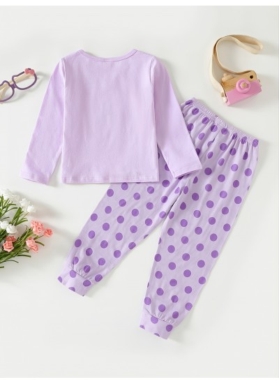 Girls Casual Pajamas Kids Long Sleeve Floral Print Cute Tops &Dot Print Casual Pants 