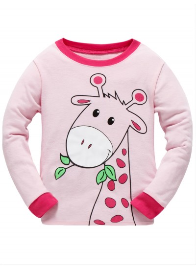 2pcs Girls Casual Cartoon Animal Print Crew Neck Pink Cotton Pajama Sets 