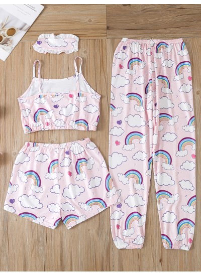 Girls Rainbow Cloud Printed Vest &Eye Mask &Sleepwear Pants And Shorts Pajamas Set 