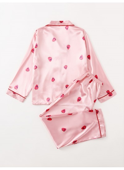 Women's Sleepwear Strawberry Comfortable Pattern Silk Satin Long Sleeve Tops &Pants Pajama Set 
