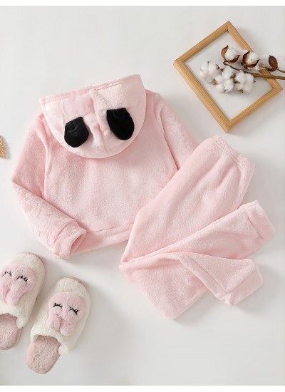 Girls Cute Cartoon Panda Pattern Flannel Hooded Pajamas Set Pink 