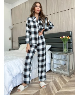 Black &White Plaid Loung Wear Set Collared Lon...