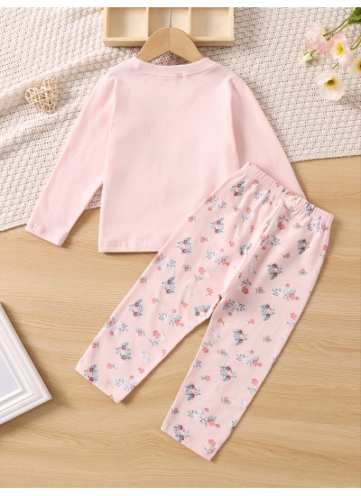 Kids Cute Print Round Neck Long Sleeve  Pants Pajama Set 