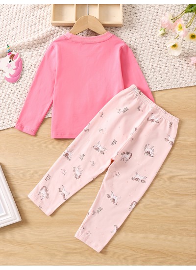 Kids Cute Unicorn Print Crew Neck Top Long Sleeve Pants Pajama Set 