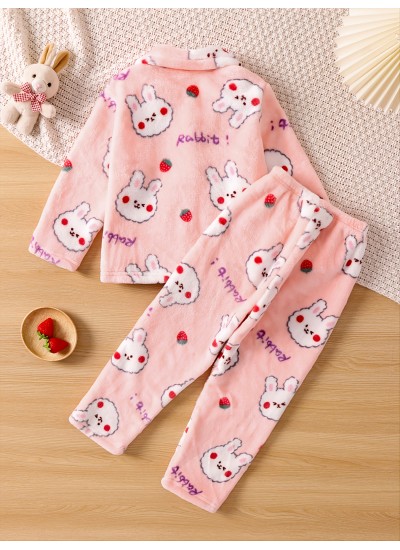 Girls Cute Animal Print Flannel  Long Sleeve Lapel Top Pants Pajama Set Autumn And Winter 