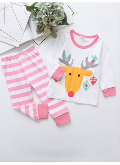 Girls Cute Christmas Elk Print Long Sleeve Crew Neck Top Pants Pajama Set 