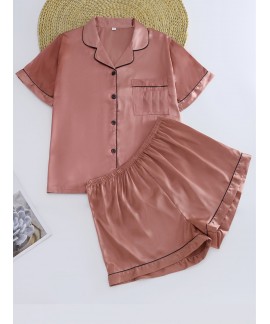 Plus Size Satin Button Front Short Sleeve Top &...