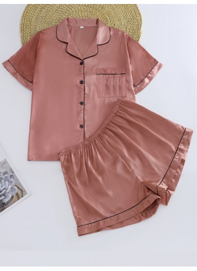 Plus Size Satin Button Front Short Sleeve Top &Shorts Pajama Set