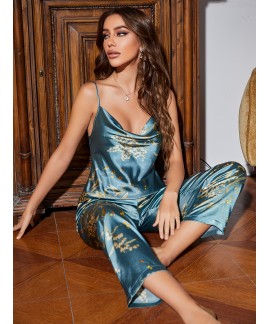 Elegant Floral Print Ice Silk Pajamas Set