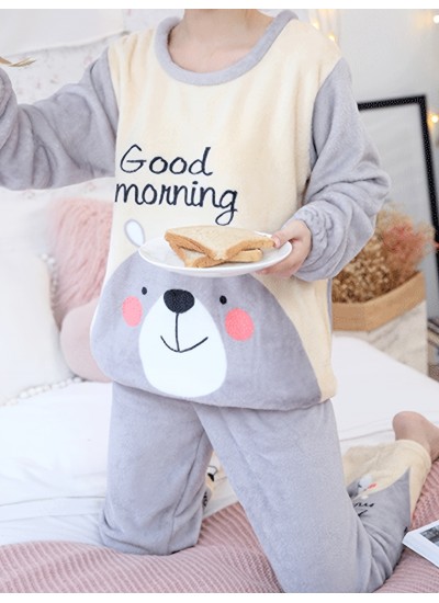 Thermal &Fuzzy Cute Bear Pattern Pajama Set 