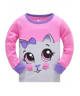 2pcs Girls Lovely Cat Print Pajamas Set With Long ...