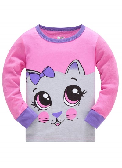 2pcs Girls Lovely Cat Print Pajamas Set With Long Sleeve Crew Neck Tops &Pants For Winter