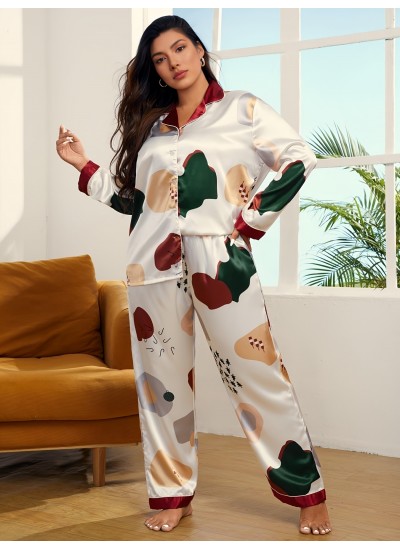 2pcs Plus Size Satin Geometric Print Loungewear Tops &Pants Set