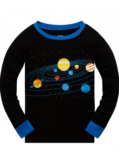 Popshion 2pcs Boys Starry Sky Cosmic Planet Long-sleeved Pajamas Cotton Suit 