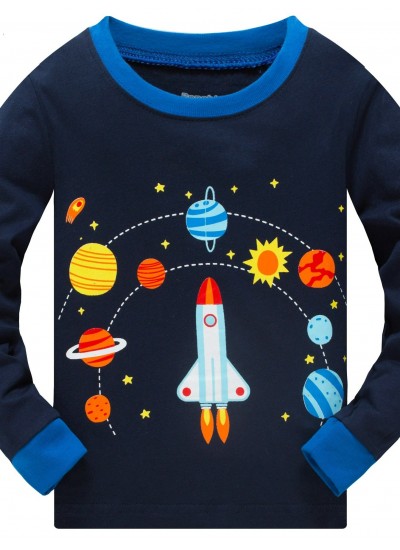 Popshion 2pcs Boys Rocket Astronaut Star Universe Planet Long-sleeved Pajamas Suit 