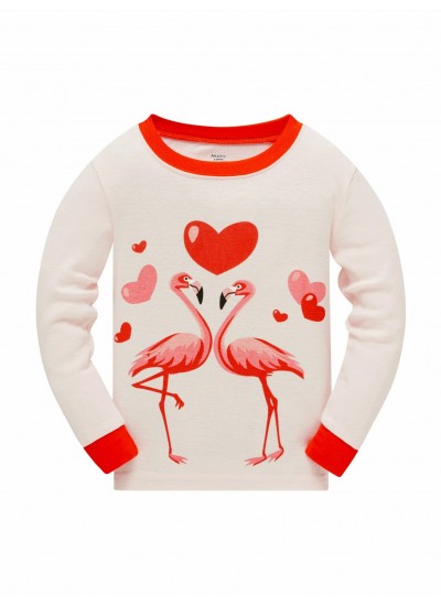 Popshion 2pcs Girls Cute Flamingo Cartoon Animal Top &Contrast Trim Pajama Pants Set 