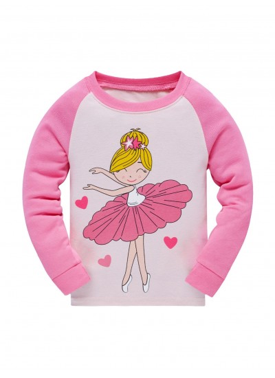 Christmas Popshion 2pcs Girls Ballerina Cartoon Pattern Color Block Top &Pajama Pants Set 