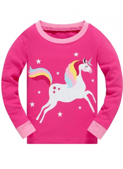 Girls Color Unicorn Cartoon Animal Long Sleeve Pajama Set 