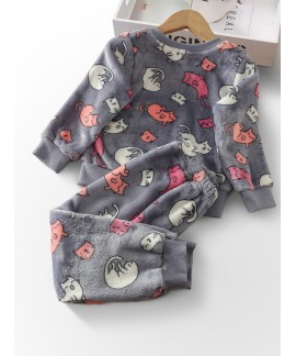 Kids Cute Kitty Long Sleeve Fleece Pajama Set 