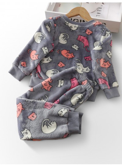 Kids Cute Kitty Long Sleeve Fleece Pajama Set 