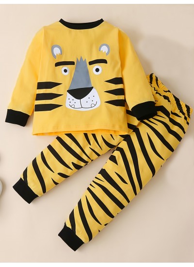 2pcs Boys Casual Crew Neck Animal Print Pajama Sets 