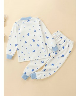 Children's Bear Printed Polka Dots Long Sleeve Paj...