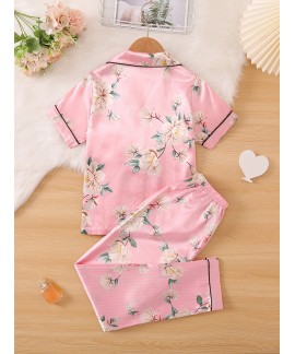 2pcs Girls Big Floral Pattern Button Front Satin P...