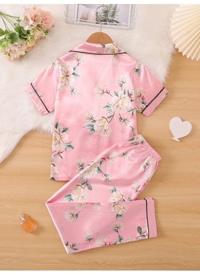 2pcs Girls Big Floral Pattern Button Front Satin Pajama Set 