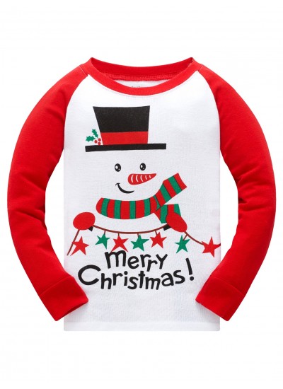 2pcs Children's Christmas Snowman Round Neck Long Sleeve Pajamas Cotton Suit 