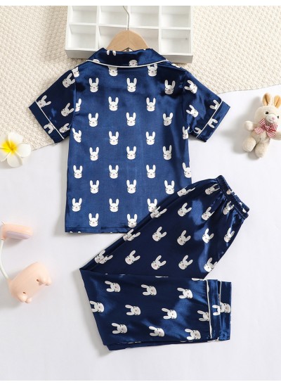 2pcs Girls Short Sleeve Pajamas Homewear Set Cartoon Rabbit Pattern 