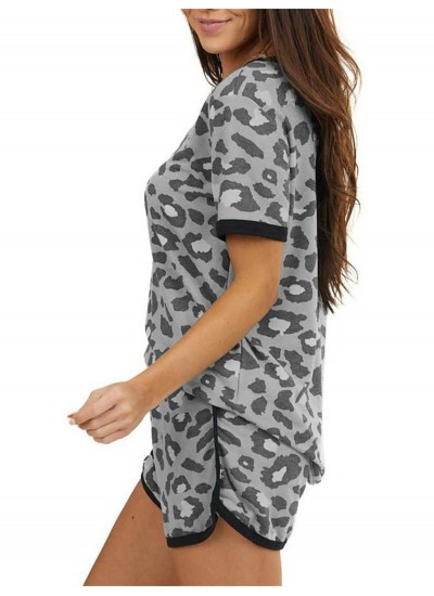 Women's Two-piece Sets Allover Leopard Print Color Block Short Sleeve Tops &Shorts Pajama Sets 