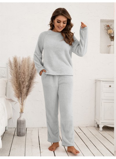 Women's Sweatshirt Set Plain Casual Comfortable Pajama Double-sided Two-way Fuzzy Pullover Pajamas Set 