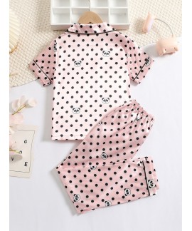 Girls Panda Print Short Sleeve Pants Pajama Set 