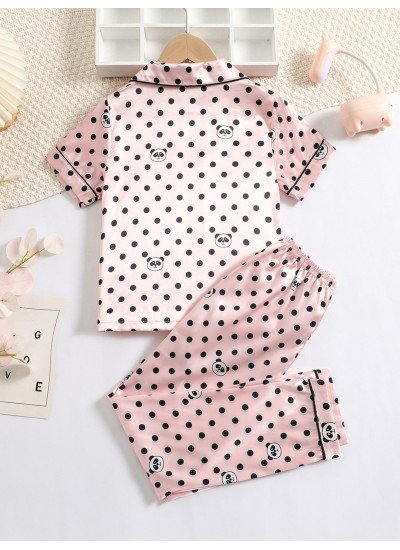 Girls Panda Print Short Sleeve Pants Pajama Set 