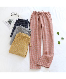 Japanese plaid pajama pants women's pure cotton ga...