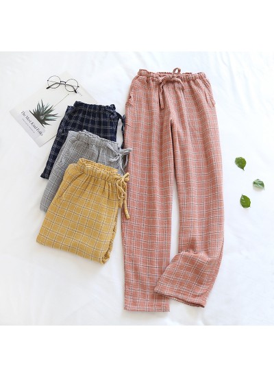 Japanese plaid pajama pants women's pure cotton gauze spring and summer thin section ladies home pants trousers can be worn outside large size home