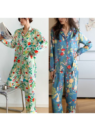 Pastoral style~Changshun Icelandic silk lapel women's long-sleeved trouser suit casual loose pajamas pajamas home clothes