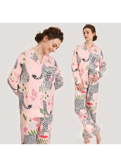 Niche fashion snow leopard print 50 breathable cotton ladies long-sleeved trousers suit home clothes confinement clothes