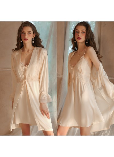 2023 New Arrival Breast Pad Nightgown Set - Ice and Snow Silk Satin Sexy Robe for Women