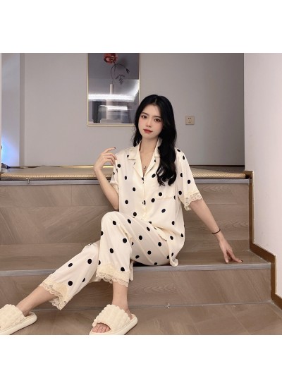 2023 New Summer Women's Ice Silk Thin Three-piece Pajama Set with Lace Trim Home Wear