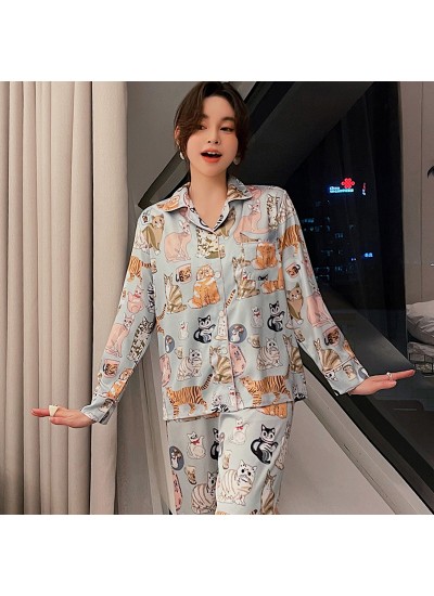 2023 New Spring Summer Women's Cute Cat Ice Silk Long Sleeve Pajama Set with Silk Home Wear