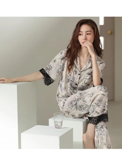 2023 Best-Selling Ice Silk Pajama Set with Ink Painting Lace Trim Home Wear for Summer