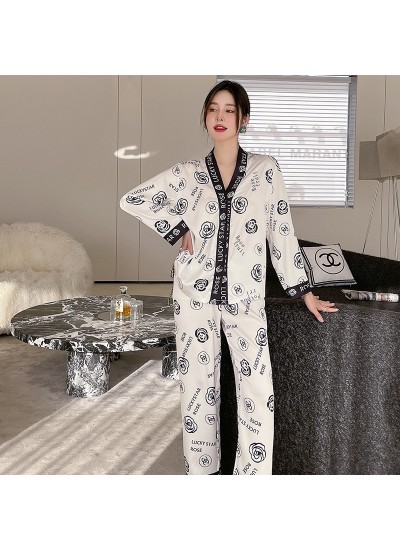 2023 Spring Women's Ice Silk Pajama Set with White Cherry Blossom Print Home Wear