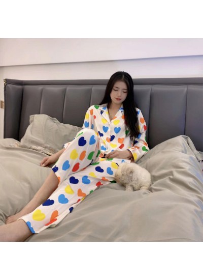 Spring Summer New Women's Ice Silk Pajama Suit 2023 New Seven-Color Heart Sweet Home Clothes