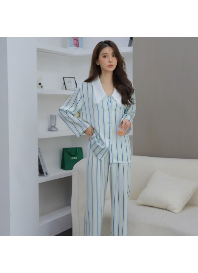 2023 Spring Summer New Arrival Women's Blue Wind Chime Pajama Set in Ice Silk with Long Sleeve and Long Pants for Home Wear
